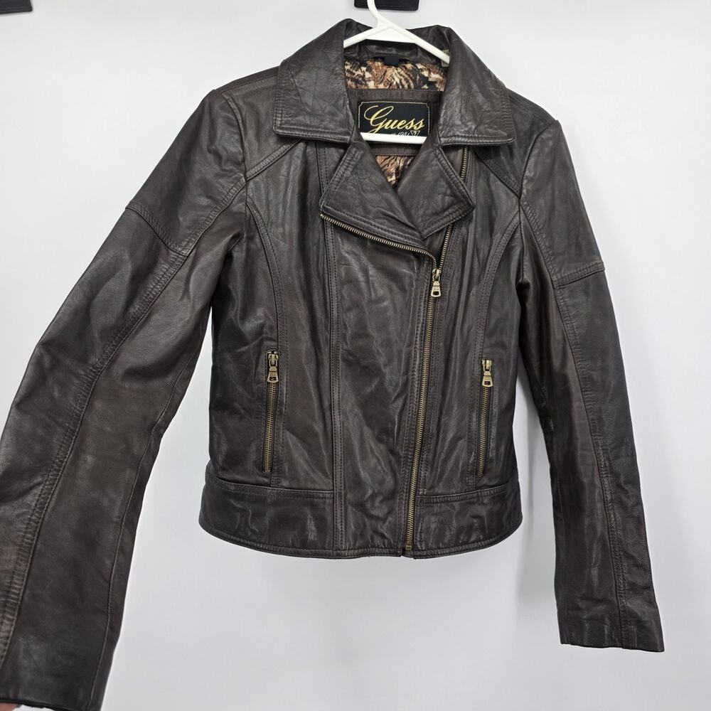 Guess Vintage Brown Leather Moto Jacket Women’s M Fitted Biker Y2K Luxe